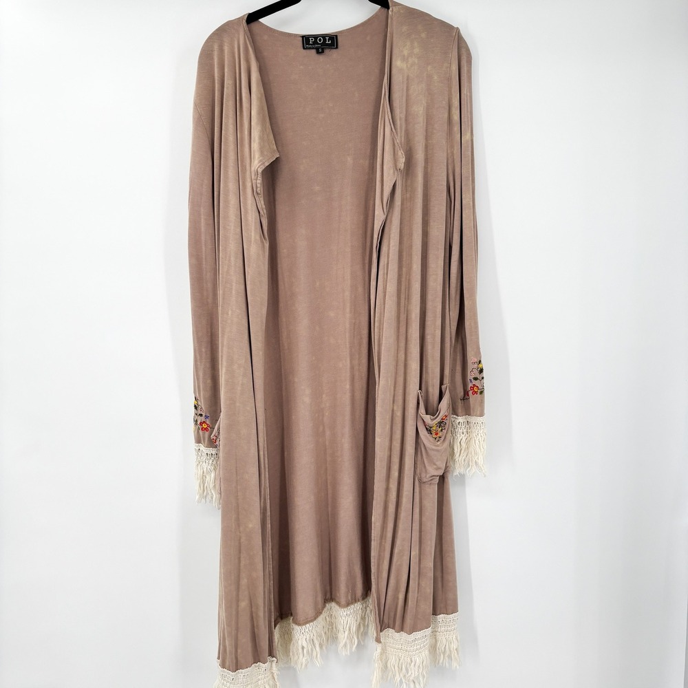 POL Embroidered Fringe Long Open Cardigan Boho Festival Western Duster Size S - Picture 2 of 8